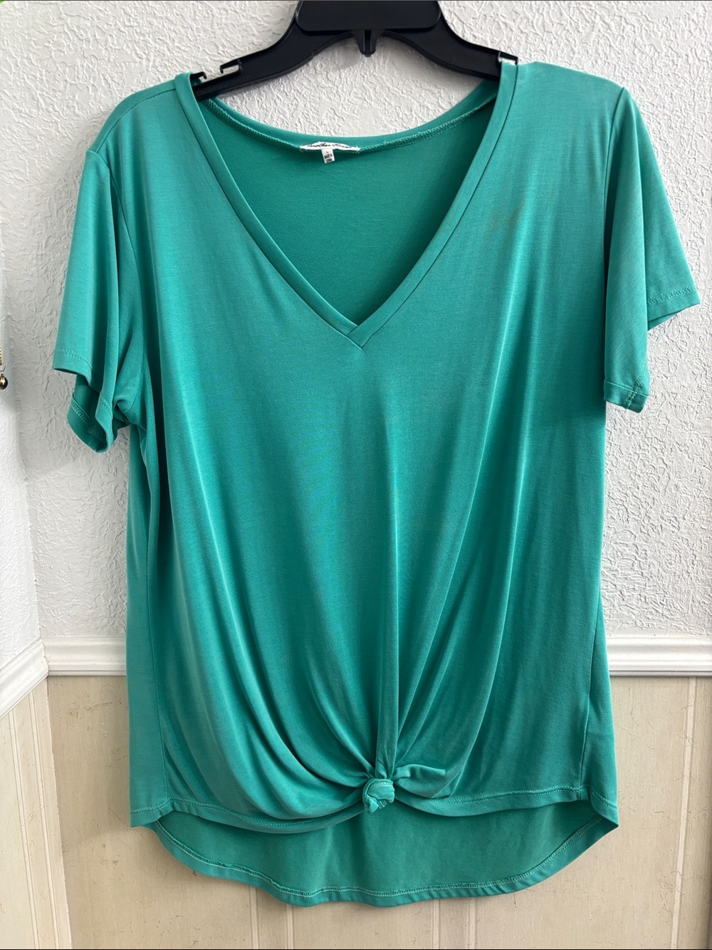 Another Love Teal V-Neck Short Sleeve Knot Front Top